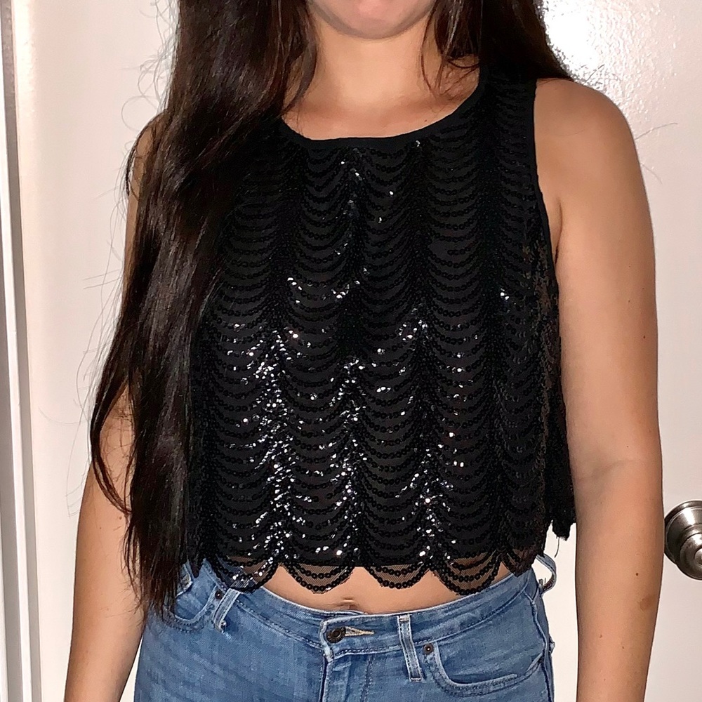 Black Sequin Scallop Crop Top